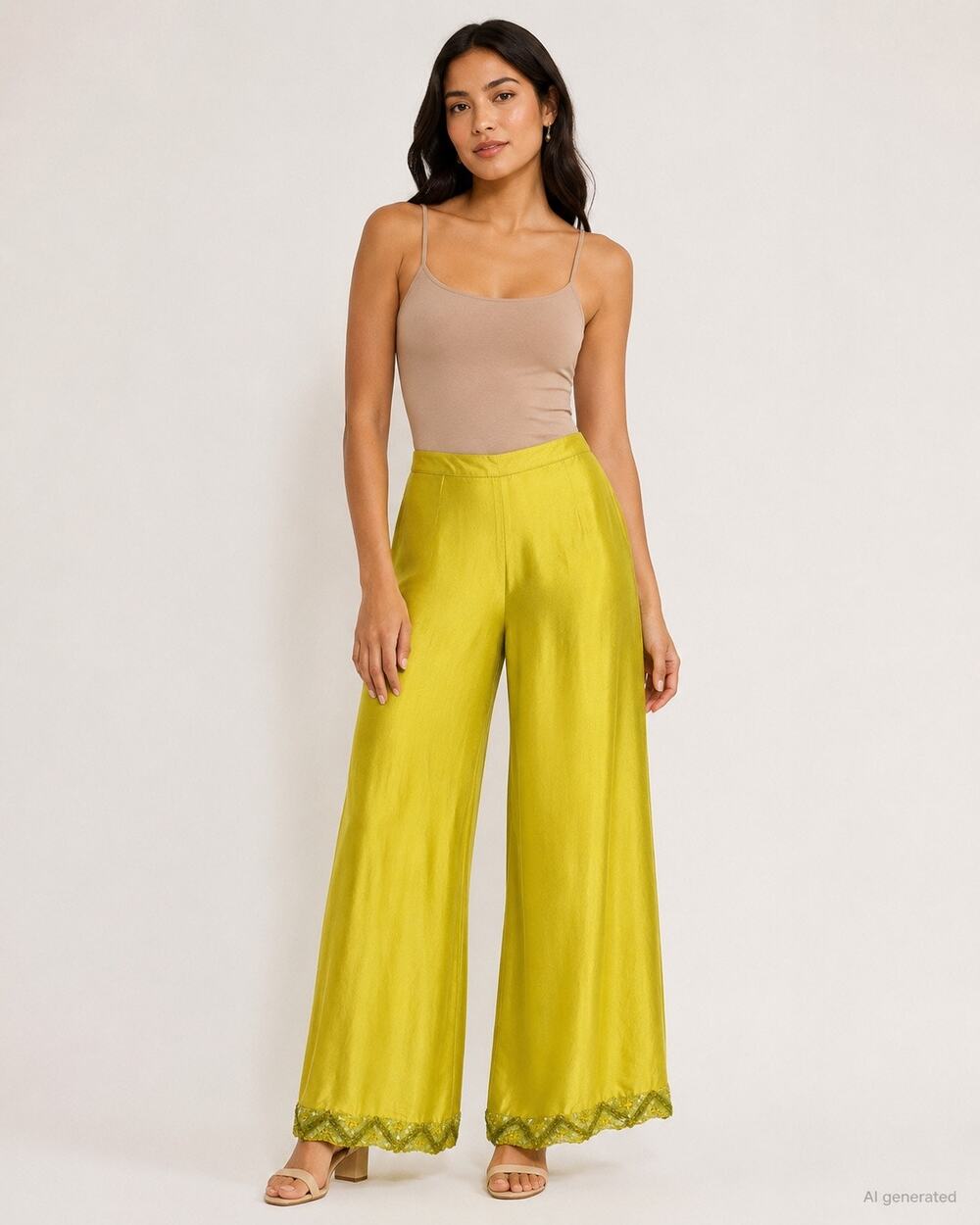 ICE Silk Pants Size 12 Chartreuse Green Beaded Hem Boho Luxe Resort Glam